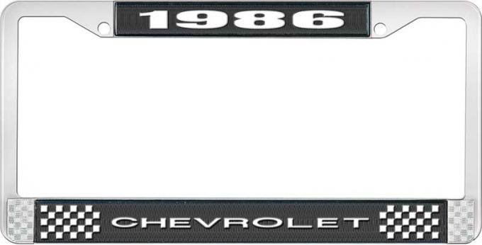 OER 1986 Chevrolet Style # 1 Black and Chrome License Plate Frame with White Lettering LF2238601A