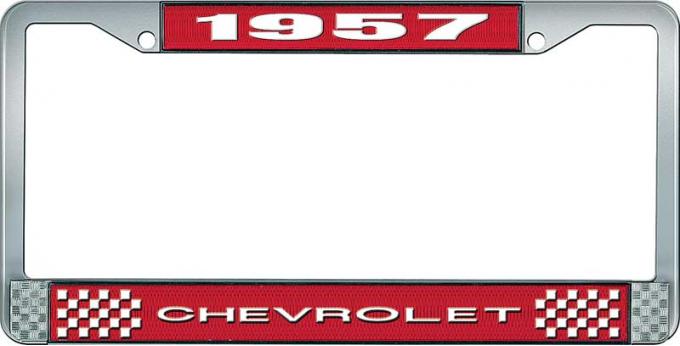 OER 1957 Chevrolet Style #1 Red and Chrome License Plate Frame with White Lettering LF2235701C