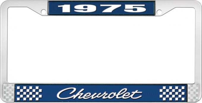 OER 1975 Chevrolet Style # 4 Blue and Chrome License Plate Frame with White Lettering LF2237504B