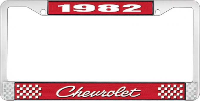 OER 1982 Chevrolet Style # 4 Red and Chrome License Plate Frame with White Lettering LF2238204C
