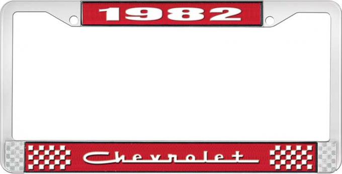 OER 1982 Chevrolet Style # 5 Red and Chrome License Plate Frame with White Lettering LF2238205C
