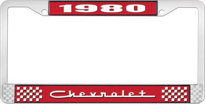 OER 1980 Chevrolet Style # 5 Red and Chrome License Plate Frame with White Lettering LF2238005C