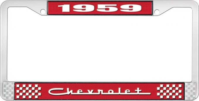 OER 1959 Chevrolet Style #5 Red and Chrome License Plate Frame with White Lettering *LF2235905C