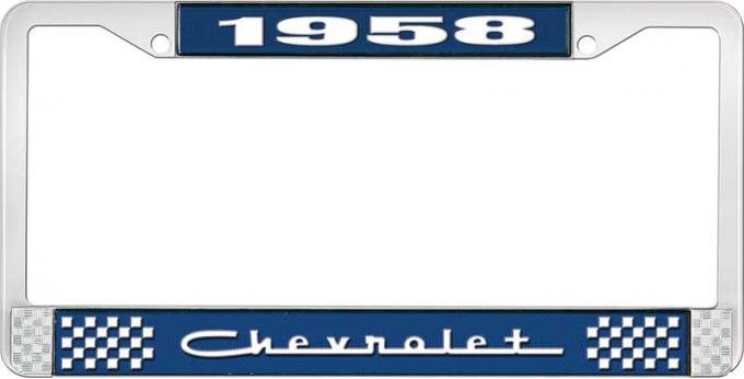 OER 1958 Chevrolet Style #5 Blue and Chrome License Plate Frame with White Lettering LF2235805B