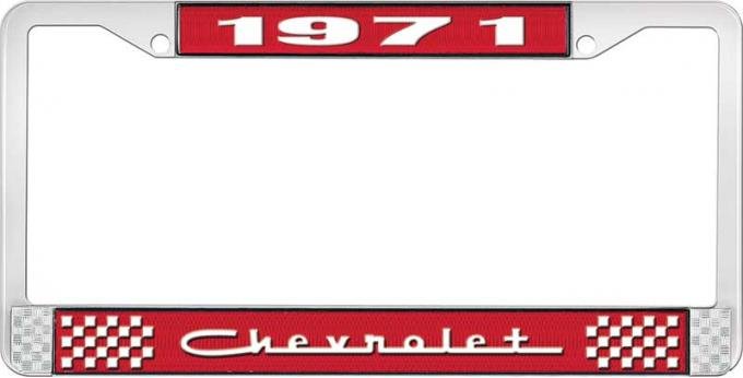 OER 1971 Chevrolet Style # 5 Red and Chrome License Plate Frame with White Lettering LF2237105C