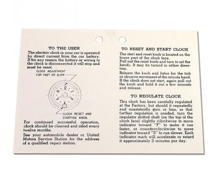 Corvette Card, Clock Instructions, 1953-1957