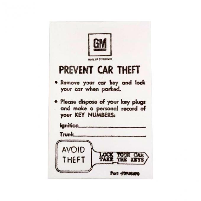 Corvette Key Envelope, 1969-1976