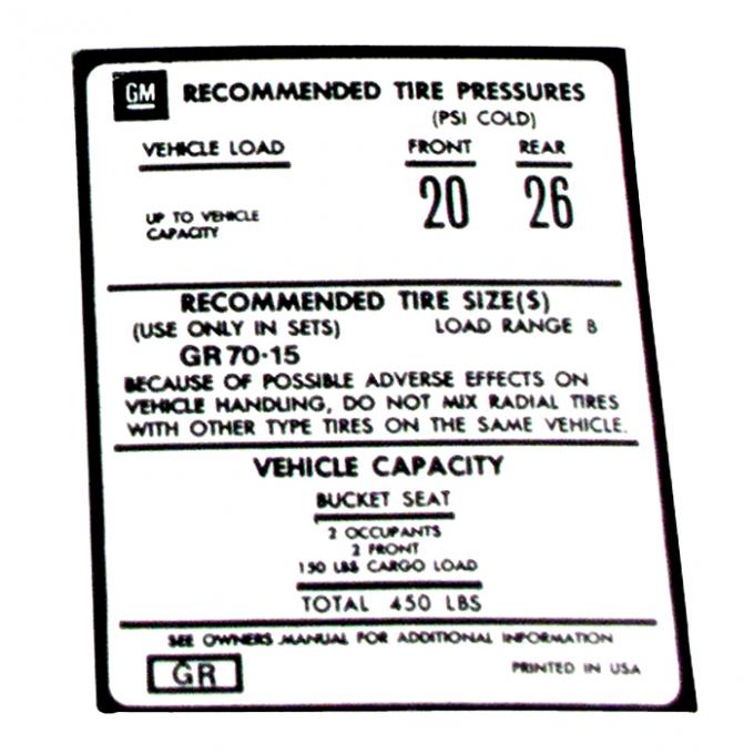 Corvette Decal, Tire Pressure on Door, 1976-1977