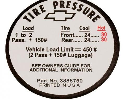 Corvette Decal, Tire Pressure-Glovebox, 1966