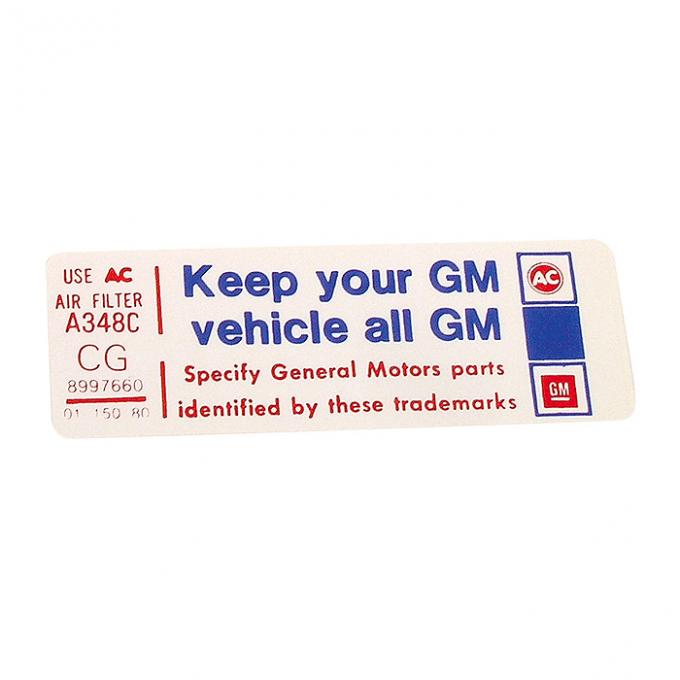 Corvette Decal, Air Cleaner Keep Your GM Car All GM, 1980