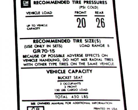 Corvette Decal, Tire Pressure on Door, 1976-1977