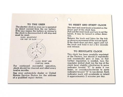 Corvette Card, Clock Instructions, 1953-1957