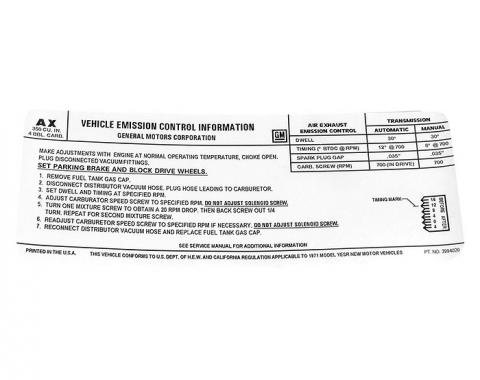 Corvette Emission Control Decal, LT1, 330HP, 1971