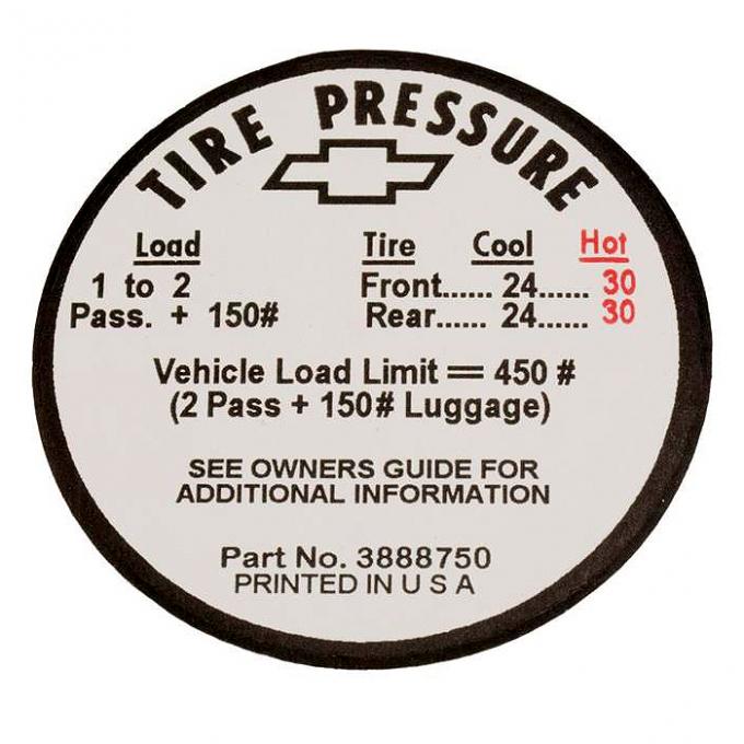 Corvette Decal, Tire Pressure-Glovebox, 1966