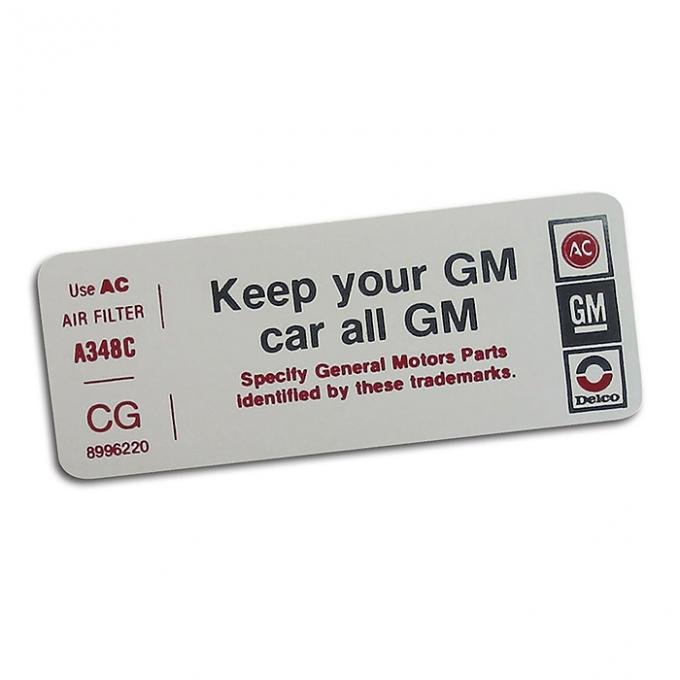 Corvette Decal, Air Cleaner Keep Your GM Car All GM, CG, 1978-1979