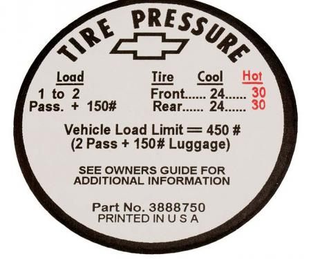 Corvette Decal, Tire Pressure-Glovebox, 1966