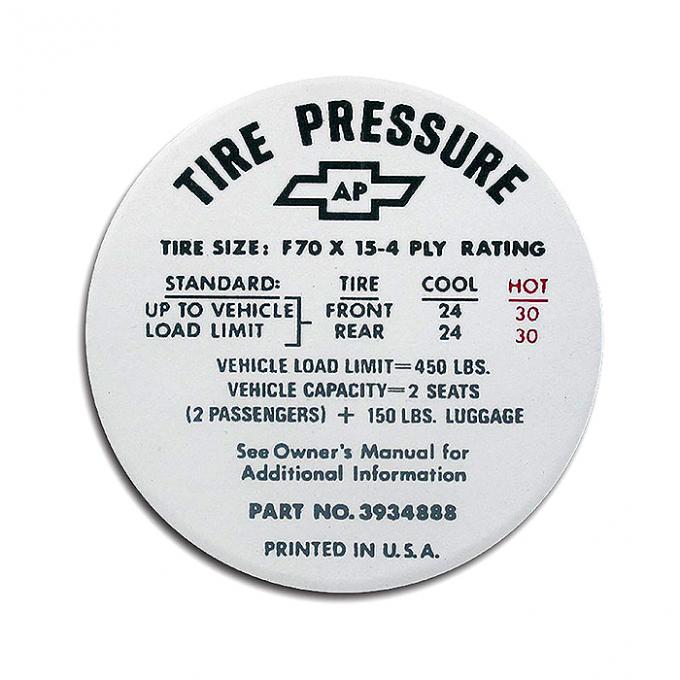 Corvette Decal, Tire Pressure-Glovebox, 1968-1972