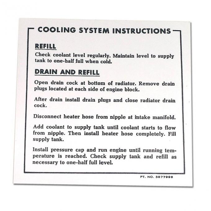 Corvette Decal, Coolant Instructions 65 396/67 L88, 1965-1967