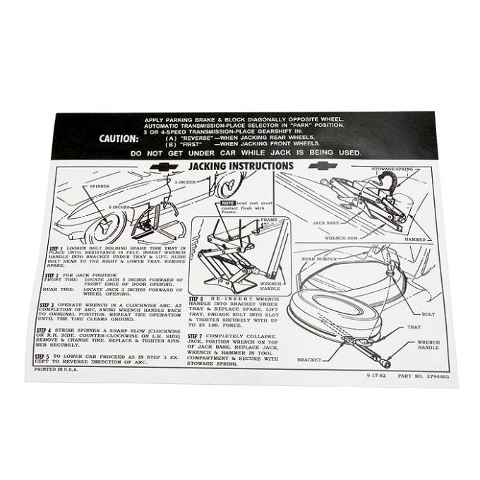 Corvette Decal, Jacking Instruction with Knock Off Wheel, 1963-1966