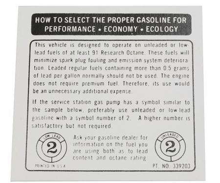 Corvette Decal, Fuel Recommendations, 1973-1974