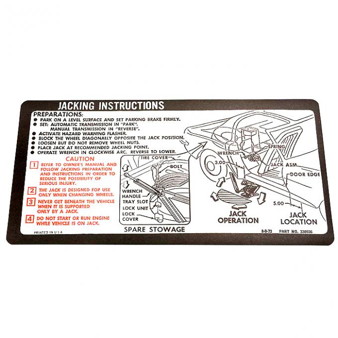 Corvette Decal, Jacking Instruction, 1973-1974