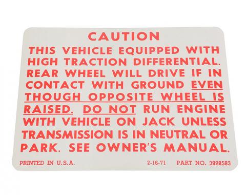 Corvette Decal, Positraction, 1972-1973