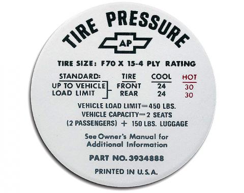 Corvette Decal, Tire Pressure-Glovebox, 1968-1972
