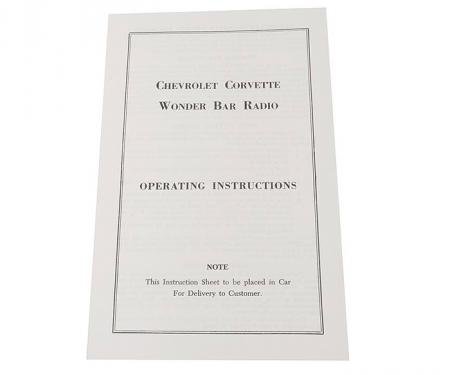Corvette Card, Wonderbar Radio Instructions, 1958-1963