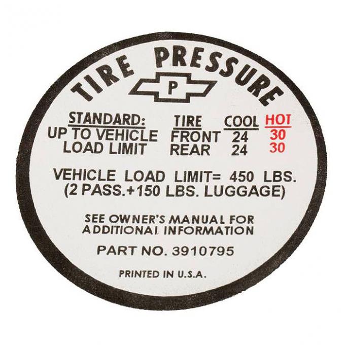 Corvette Decal, Tire Pressure-Glovebox, 1967