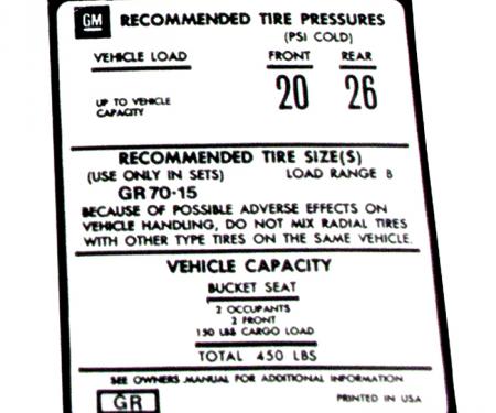 Corvette Decal, Tire Pressure on Door, 1976-1977