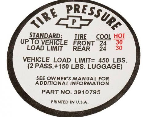 Corvette Decal, Tire Pressure-Glovebox, 1967